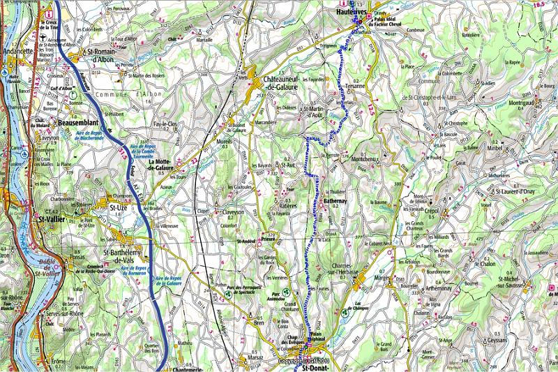 07-06 Karte.jpg - Die sechste Etappe (19 km) führt fast geradeaus in südliche Richtung: Von Hauterives nach St-Donat-sur-l'Herbasse